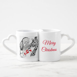 Santa Claus and Giraffe - Merry Christmas Coffee Mug Set