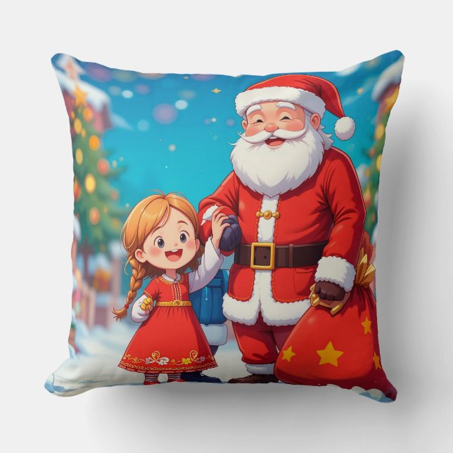 Santa Claus and Girl with a Gift Bag Throw Pillow (Front)