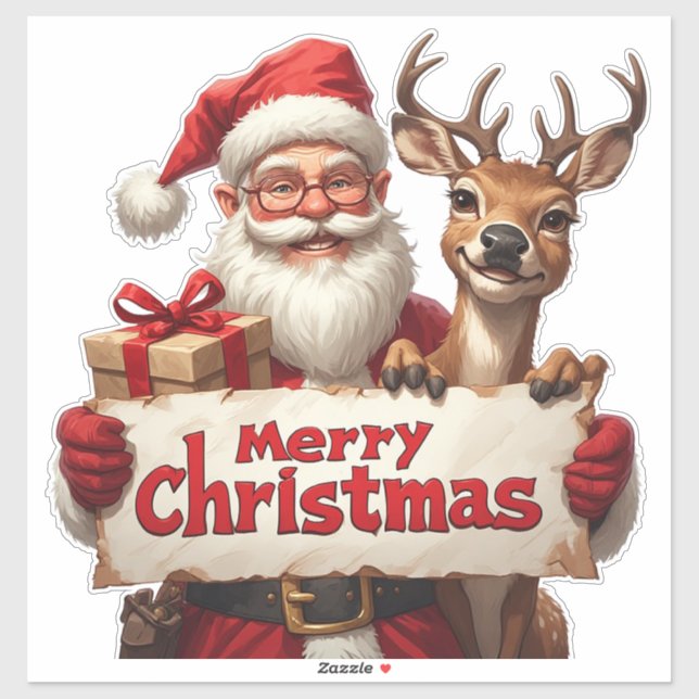 Santa Claus And Happy Reindeer Sticker (Sheet)