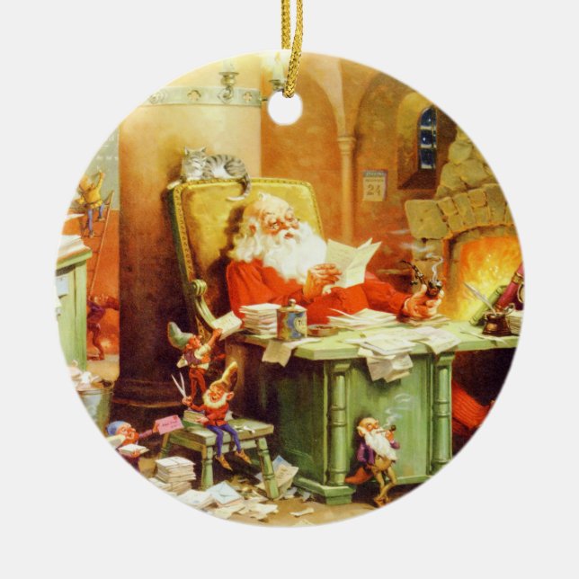 Santa Claus and His Elves Check His List Ceramic Ornament (Front)