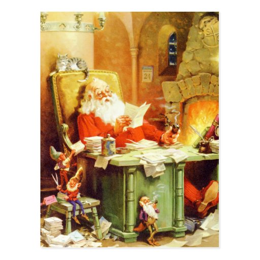Santa Claus and His Elves Check His List Postcard | Zazzle