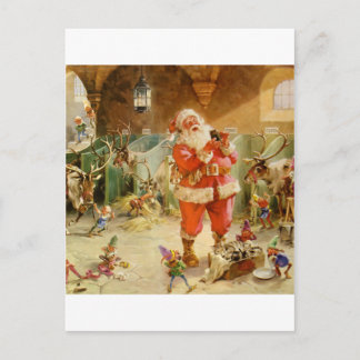Santa Claus and his Elves in the Reindeer Stable Holiday Postcard