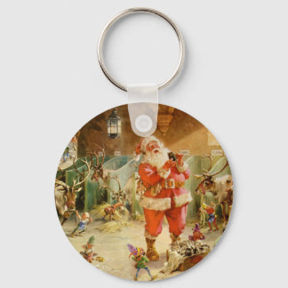 Santa Claus and his Elves in the Reindeer Stable Keychain