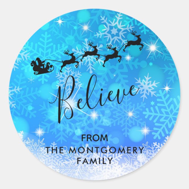 Santa Claus and his Flying Reindeer - Believe Classic Round Sticker (Front)