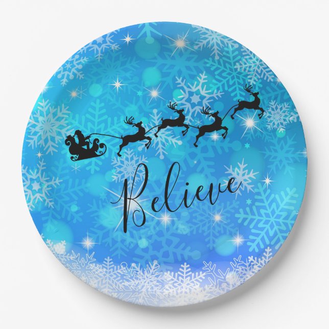 Santa Claus and his Flying Reindeer - Believe Paper Plates (Front)