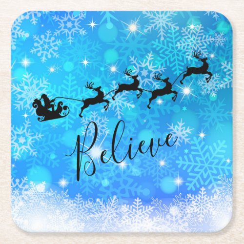 Santa Claus and his Flying Reindeer _ Believe Square Paper Coaster