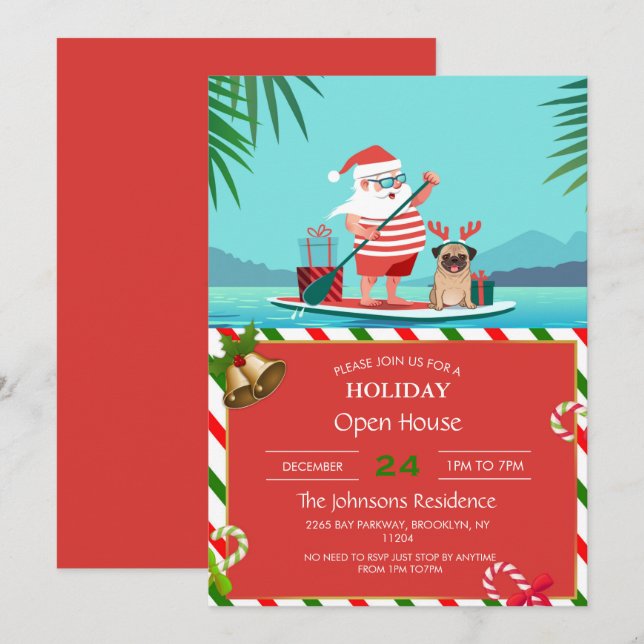 Santa Claus and His Pug on a Surfboard Invitation (Front/Back)