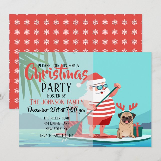 Santa Claus and His Pug on a Surfboard          Invitation (Front/Back)