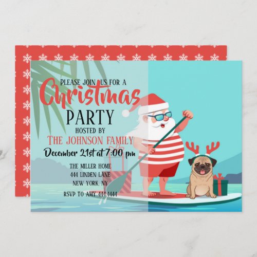 Santa Claus and His Pug on a Surfboard          Invitation