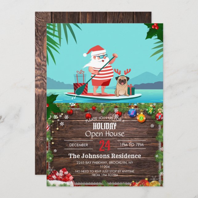 Santa Claus and His Pug on a Surfboard          Invitation (Front/Back)