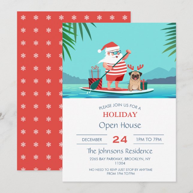 Santa Claus and His Pug on a Surfboard         Invitation (Front/Back)