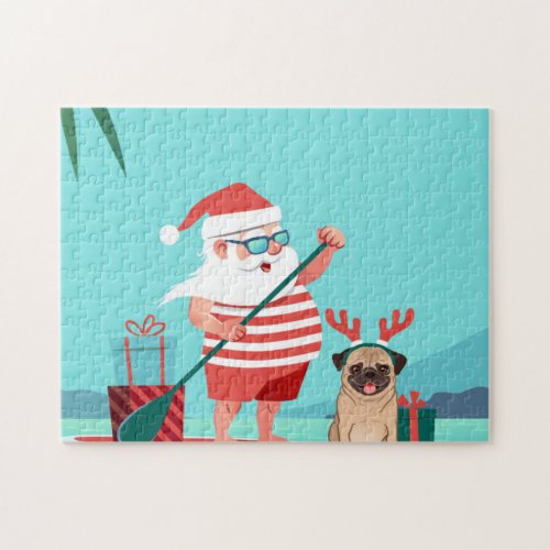 Santa Claus and His Pug on a Surfboard Jigsaw Puzzle