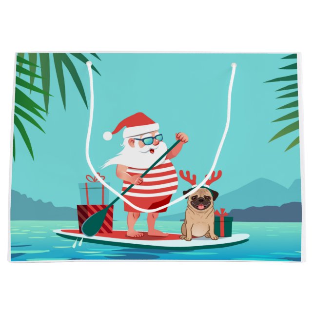 Santa Claus and His Pug on a Surfboard Large Gift Bag (Front)