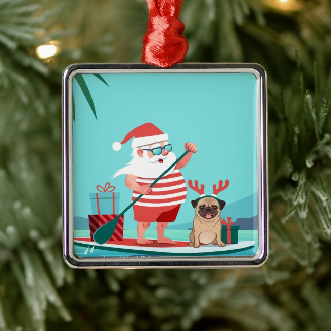 Santa Claus and His Pug on a Surfboard Metal Ornament (Tree)