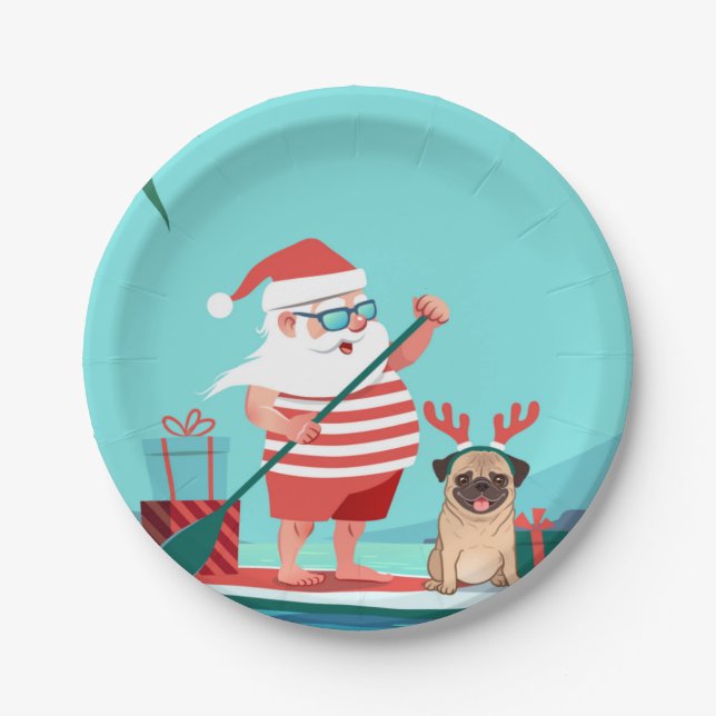 Santa Claus and His Pug on a Surfboard Paper Plates (Front)