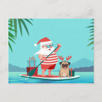 Santa Claus and His Pug on a Surfboard Postcard