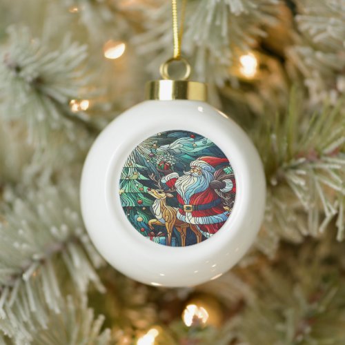 Santa Claus and His Reindeer Bearing Gifts Ceramic Ball Christmas Ornament