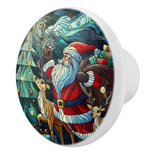 Santa Claus and His Reindeer Bearing Gifts Ceramic Knob