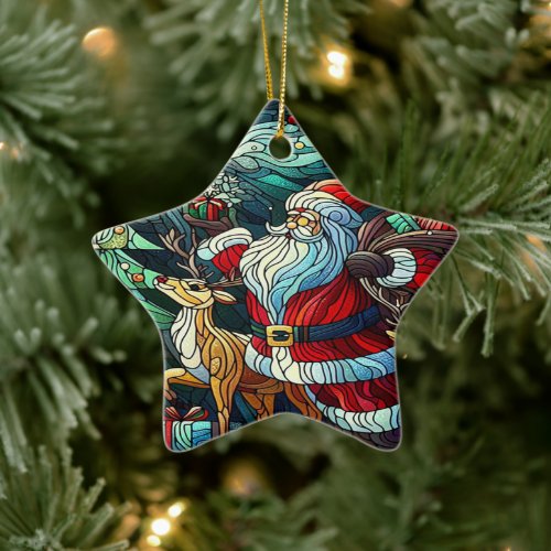 Santa Claus and His Reindeer Bearing Gifts Ceramic Ornament