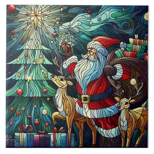 Santa Claus and His Reindeer Bearing Gifts Ceramic Tile