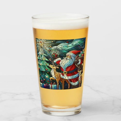 Santa Claus and His Reindeer Bearing Gifts Glass