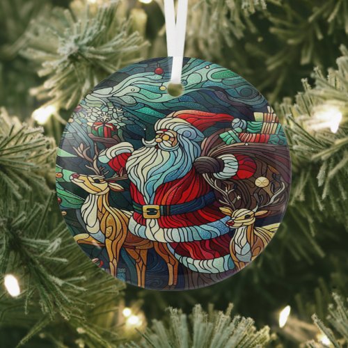 Santa Claus and His Reindeer Bearing Gifts Glass Ornament