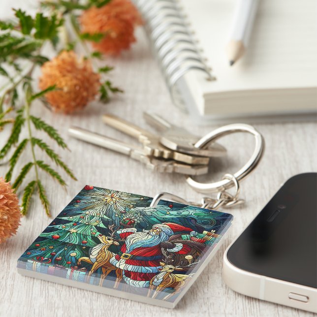Santa Claus and His Reindeer Bearing Gifts Keychain (Front Right)