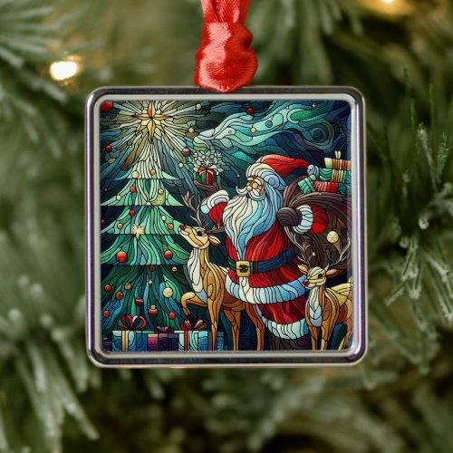 Santa Claus and His Reindeer Bearing Gifts Metal Ornament
