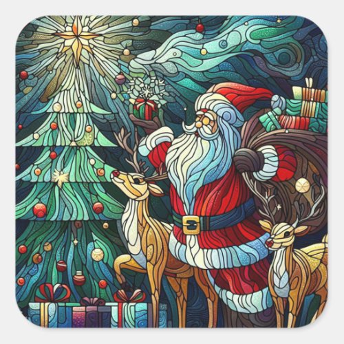 Santa Claus and His Reindeer Bearing Gifts Square Sticker