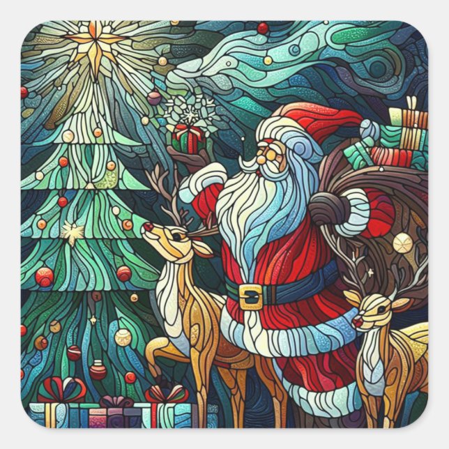 Santa Claus and His Reindeer Bearing Gifts Square Sticker (Front)