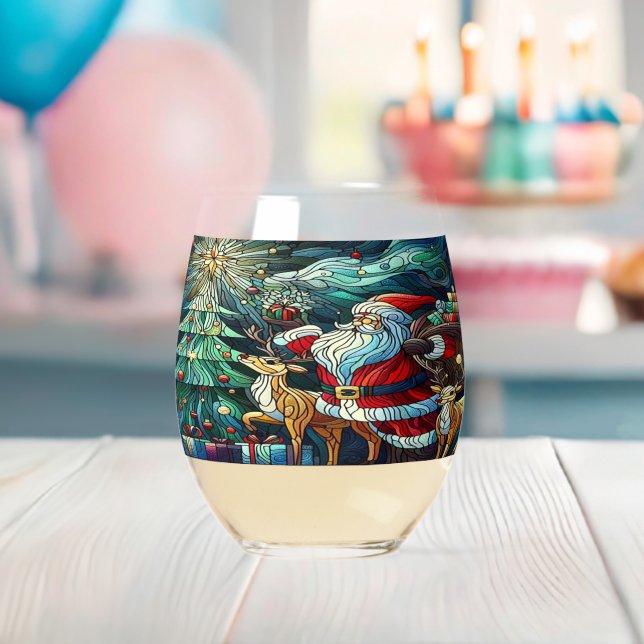 Santa Claus and His Reindeer Bearing Gifts Stemless Wine Glass (Insitu (Baby Shower))