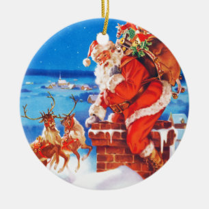 Santa Claus and His Reindeer Up On the Rooftop Ceramic Ornament