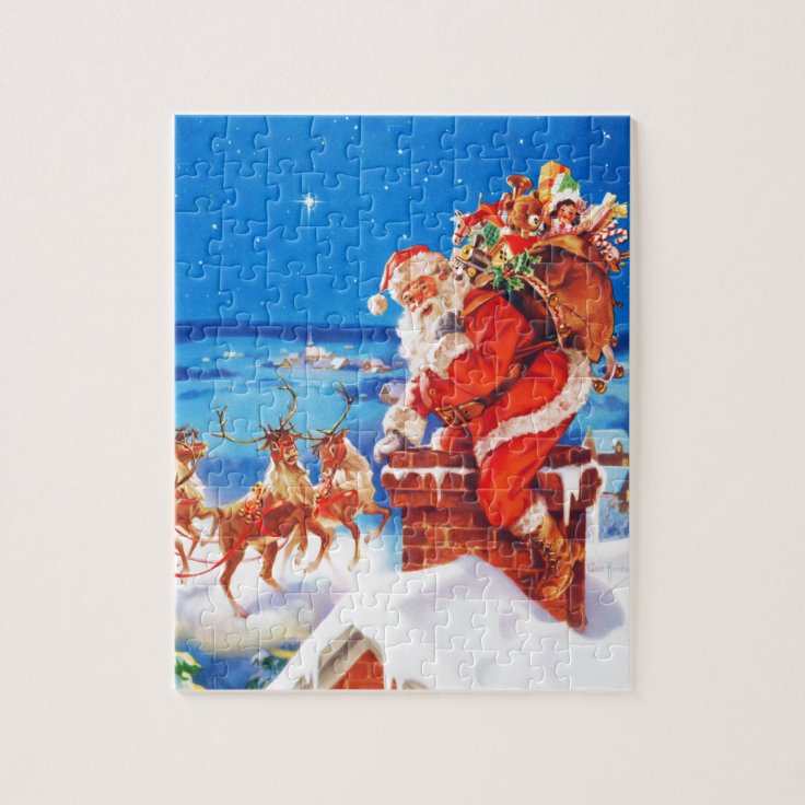 Santa Claus and his Reindeer Up on the Rooftop Jigsaw Puzzle | Zazzle