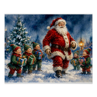 Santa Claus and Joyful Christmas Elves,  Poster