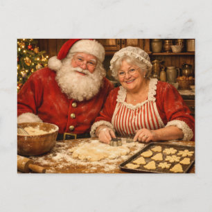 Santa Claus and Missis Claus Making Cookies Holiday Postcard