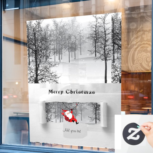 Santa Claus and Pine Trees with Snow Illustration  Window Cling (Cafe Window)