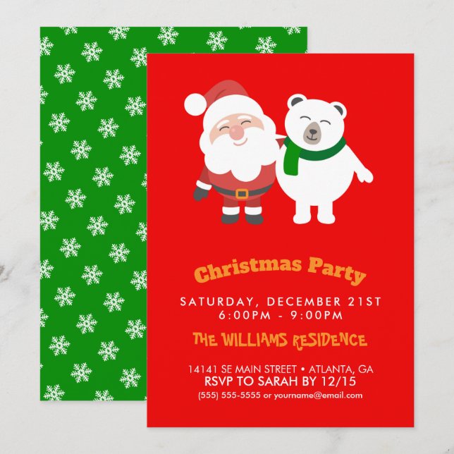 Santa Claus and Polar Bear Cartoon      Invitation (Front/Back)