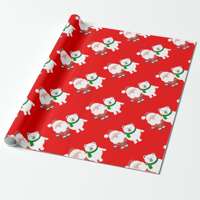Santa Claus and Polar Bear Cartoon Wrapping Paper (Unrolled)