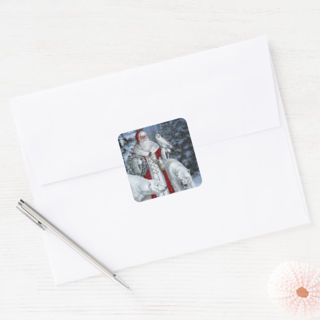 Santa Claus and Polar Bears Christmas Holiday Square Sticker (Envelope)