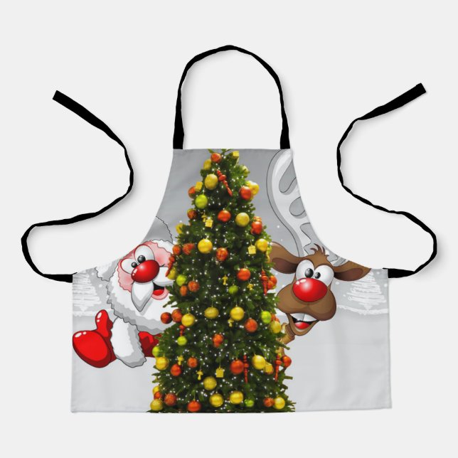 Santa claus and reindeer behind a christmas tree.j apron (Front)