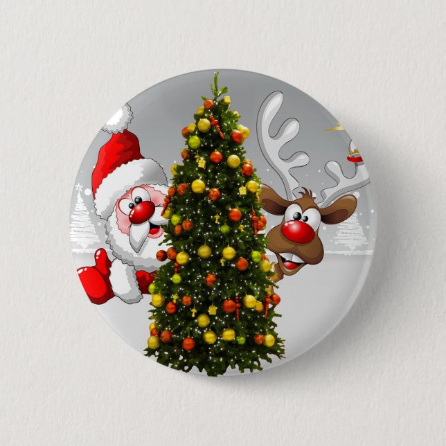 Santa claus and reindeer behind a christmas tree.j button (Front)