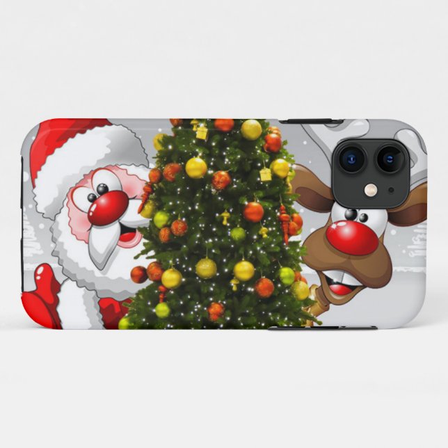 Santa claus and reindeer behind a christmas tree.j Case-Mate iPhone case (Back (Horizontal))