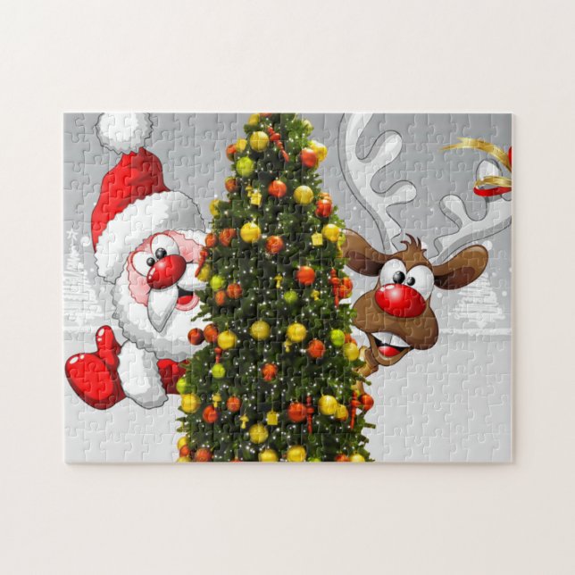 Santa claus and reindeer behind a christmas tree.j jigsaw puzzle (Horizontal)