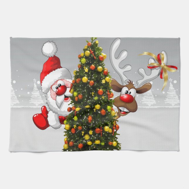 Santa claus and reindeer behind a christmas tree.j kitchen towel (Horizontal)