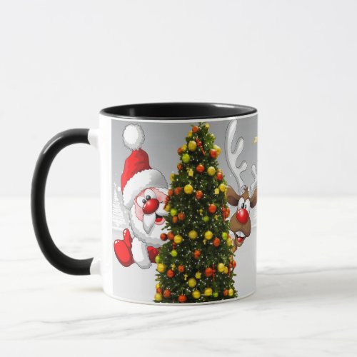 Santa claus and reindeer behind a christmas treej mug