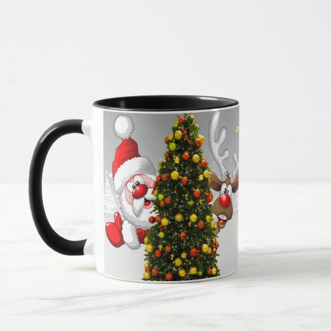 Santa claus and reindeer behind a christmas tree.j mug (Left)