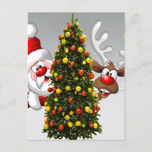 Santa claus and reindeer behind a christmas treej postcard