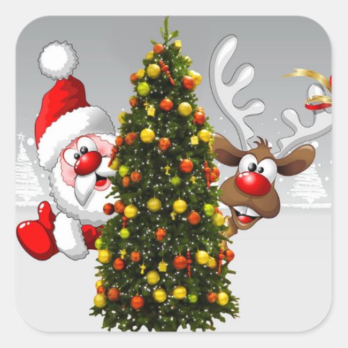 Santa claus and reindeer behind a christmas treej square sticker