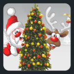 Santa claus and reindeer behind a christmas tree.j square sticker<br><div class="desc">christmas santa claus reindeer, 
frozen friends colorful funny , 
vintage magic snowflake art, 
2020 happy new year, 
joy gift snow flying, 
year new celebration deer, 
happy xmas winter holiday, 
bell merry cartoon illustration, 
fun animal party cute, 
reindeer christmas santa claus , </div>