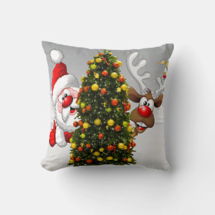 Santa claus and reindeer behind a christmas tree.j throw pillow